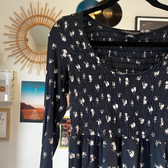 American Eagle Dark Grey Black with Floral Smocked Peplum Long Sleeve - Size M - Picture 3 of 8